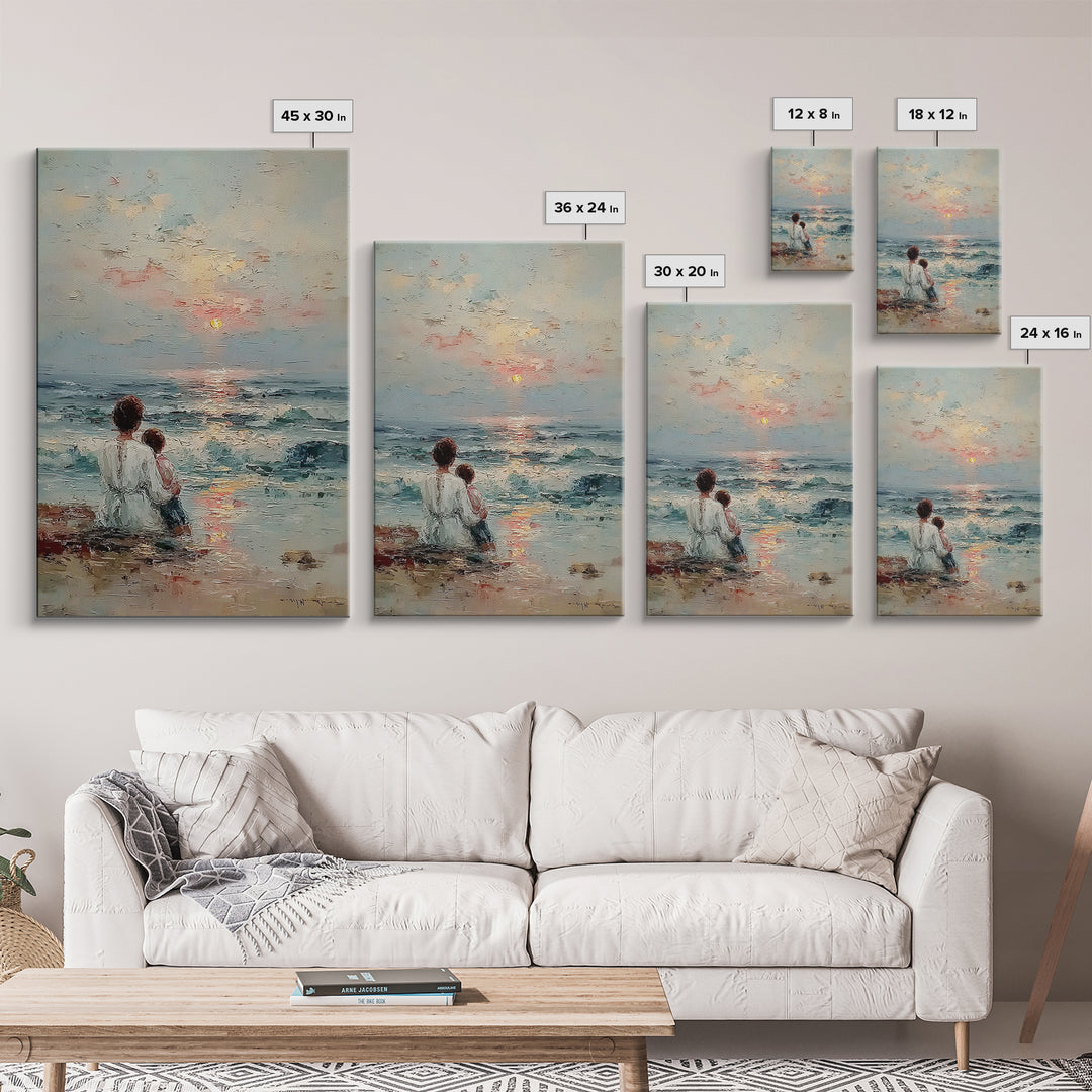 Mother And Child Watching Soft Ocean Sunrise Framed Canvas Print, Coastal Wall Art, Beach House Decor, Mothers Day Gift, Home Decor