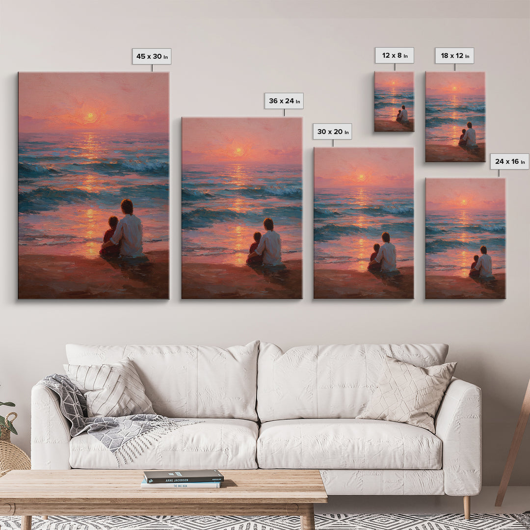 Parent And Child By Rose Ocean Sunset Canvas Print, Beach Wall Art, Coastal Home Decor, Family Gift, Living Room Wall Decor