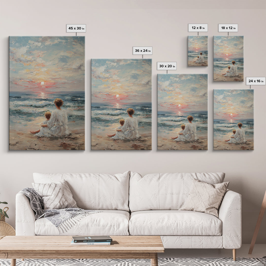 Mother And Child At Pale Seaside Sunrise Framed Canvas Print, Ocean Wall Art, Coastal Nursery Decor, Housewarming Gift, Home Decor