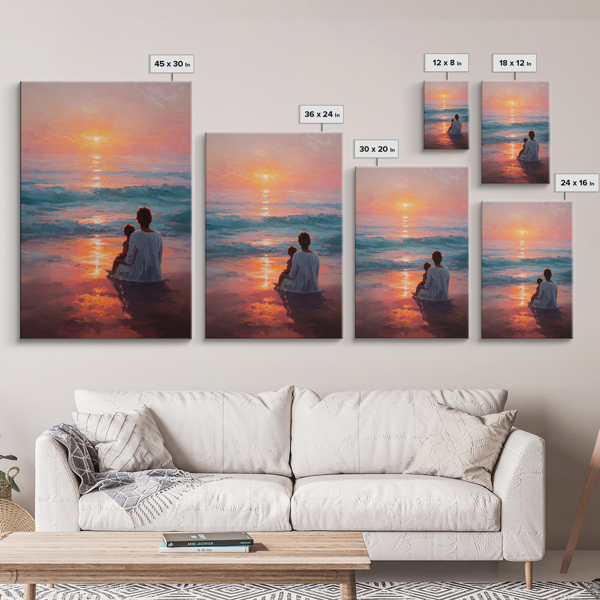 Mother And Child In Vibrant Sunset Surf Wall Art, Coastal Canvas Print, Ocean Beach Decor, Mothers Day Gift, Bedroom Decor