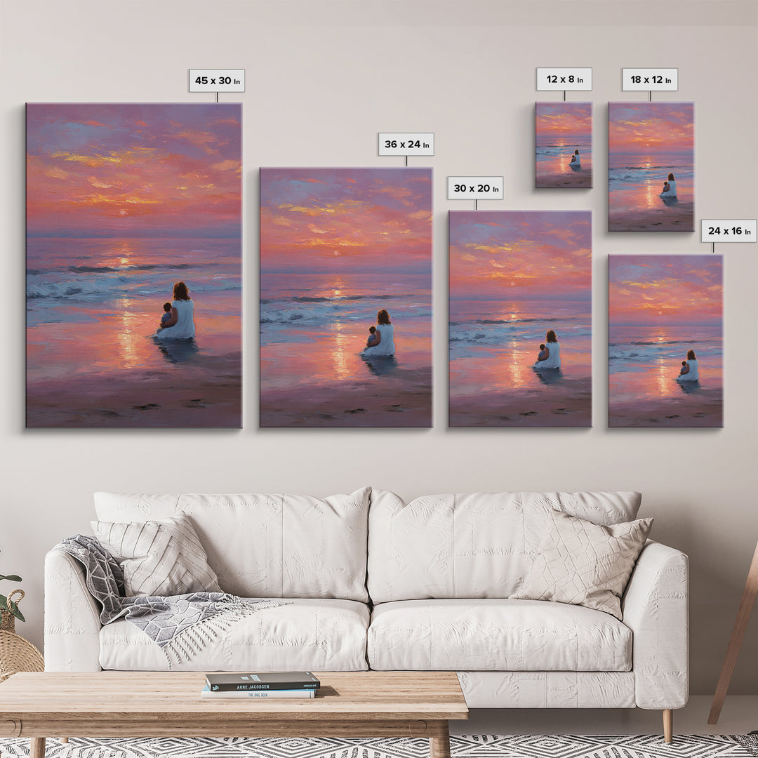 Mother And Baby In Pink Purple Ocean Sunset Canvas Print, Beach Wall Art, Coastal Bedroom Decor, Mothers Day Gift, Nursery Art