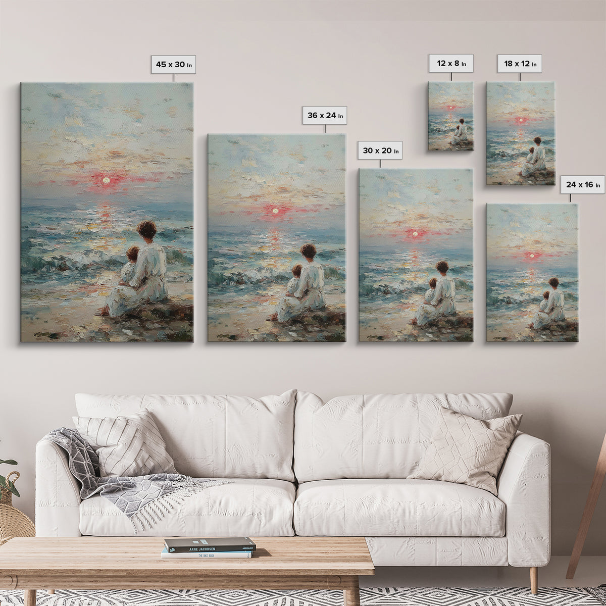 Mother And Child Watching Textured Sea Sunrise Framed Canvas Print, Coastal Wall Art, Beach House Decor, Living Room Art