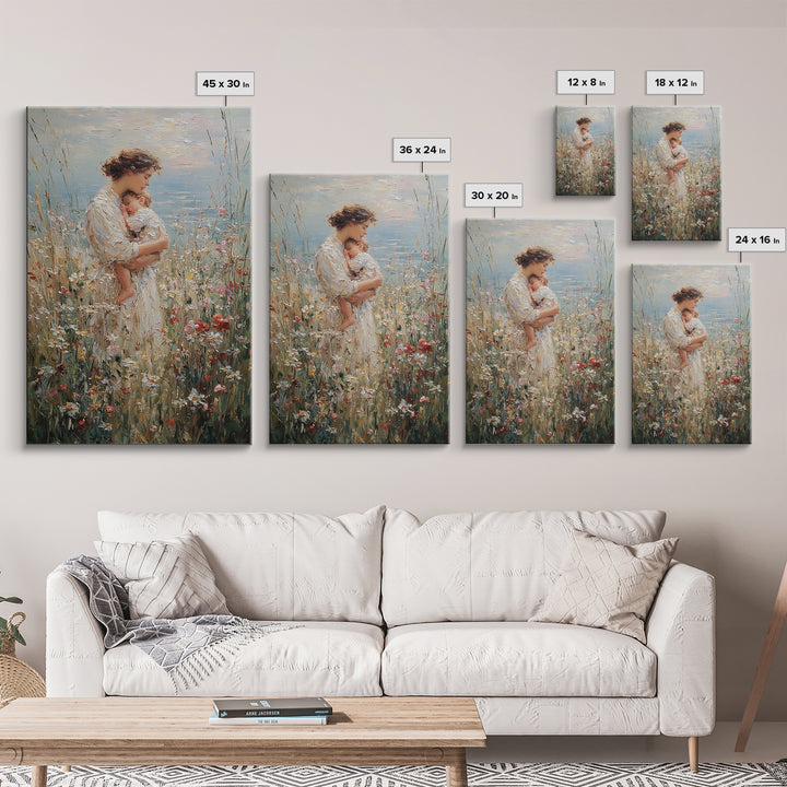 Tender Mother Holding Baby In Wildflower Meadow Wall Art, Impressionist Canvas Print For Nursery And Feminine Bedroom Decor
