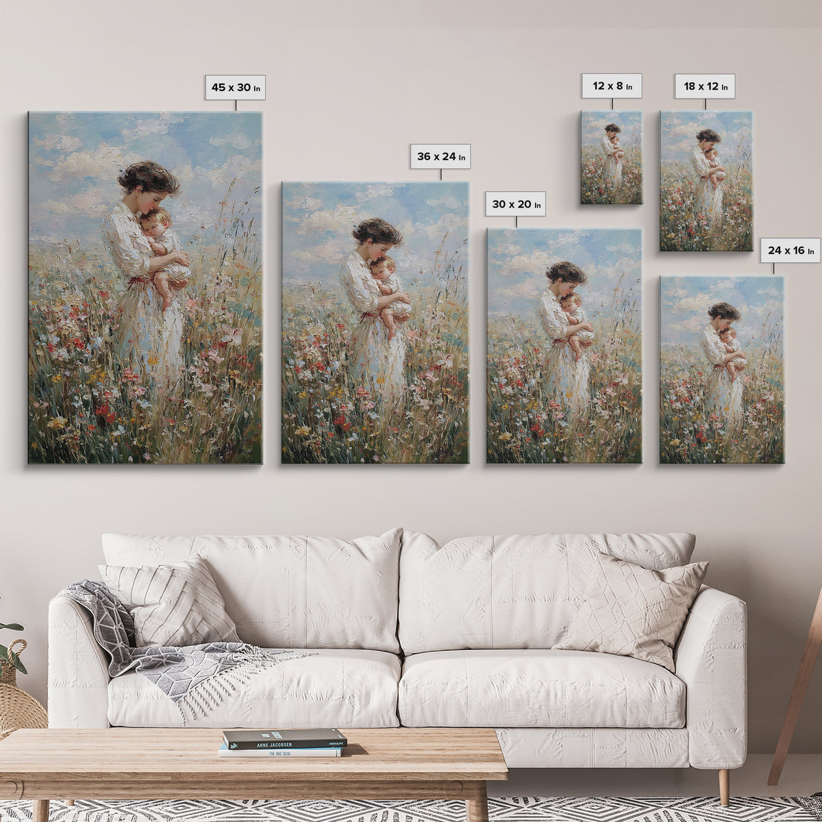 Mother And Baby In Blooming Meadow Framed Canvas Print, Soft Impressionist Wall Art For Nursery And Motherhood Home Decor
