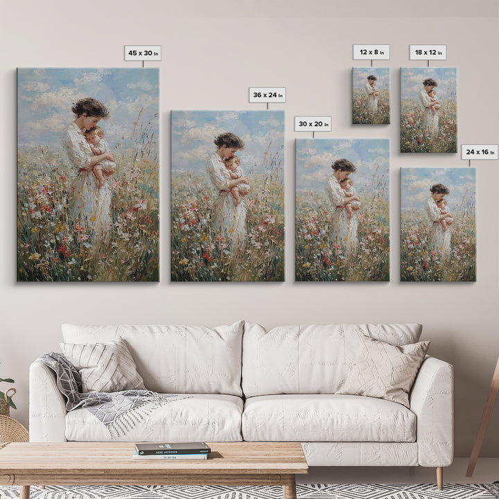 Mother And Baby In Blooming Meadow Framed Canvas Print, Soft Impressionist Wall Art For Nursery And Motherhood Home Decor