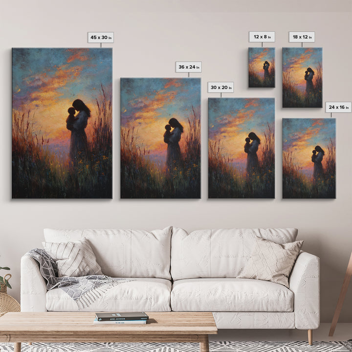 Sunset Silhouette Of Mother And Child In Meadow Wall Art, Moody Canvas Print For Nursery, Bedroom Decor, And Gift For Mom
