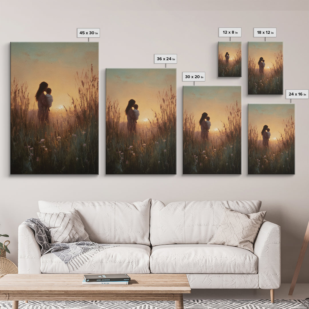 Golden Sunset Mother And Child Silhouette Canvas Print, Warm Meadow Wall Art For Nursery, Bedroom Decor, And Mothers Day Gift
