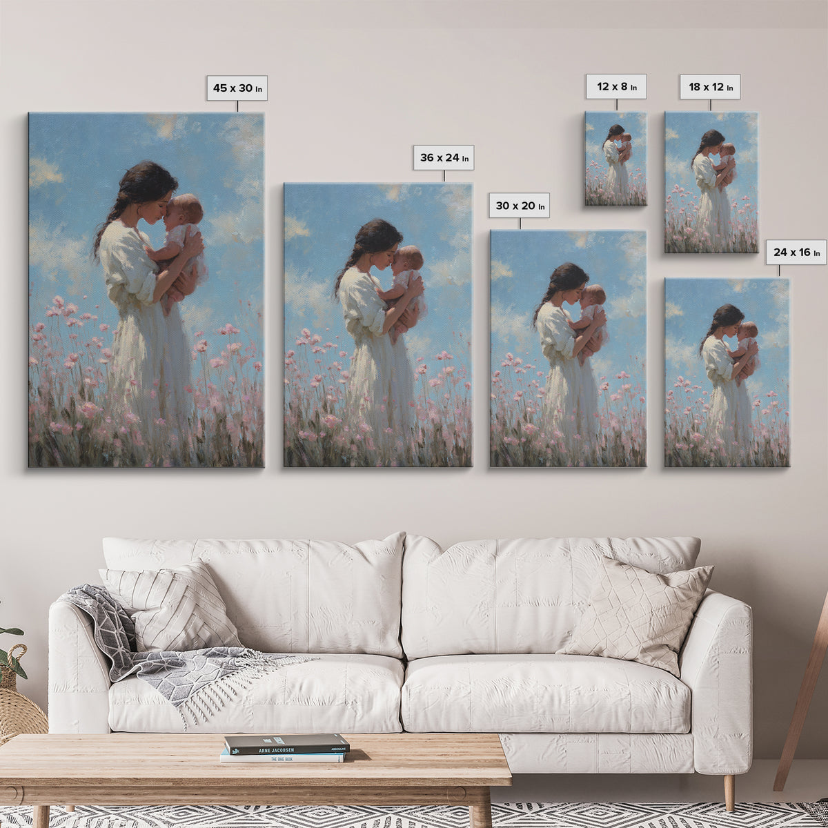 Mother And Baby Among Pink Wildflowers Wall Art, Soft Impressionist Canvas Print For Nursery Decor, Baby Shower Gift, Gift For Mom