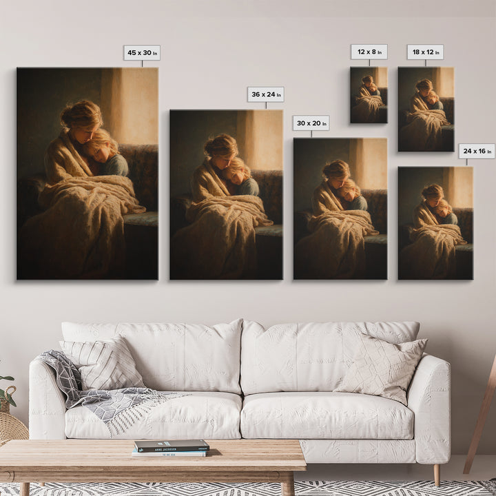 Cozy Mother And Daughter By Window Wall Art, Moody Impressionist Canvas Print For Bedroom Decor, Nursery Art, And Gift For Her