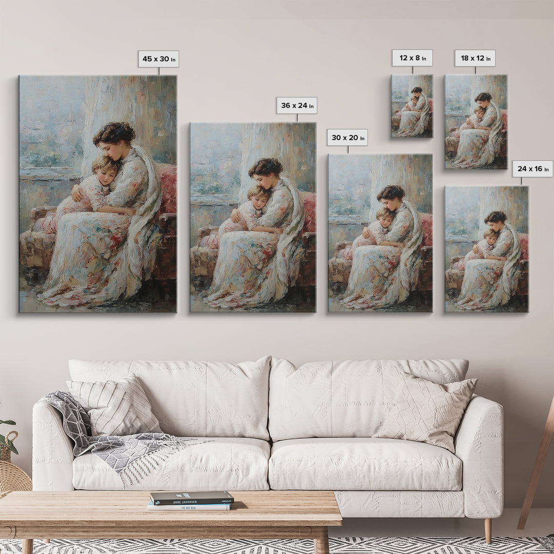 Mother And Child Resting On Floral Sofa Framed Canvas Print, Impressionist Wall Art For Living Room Decor And Gift For Mom