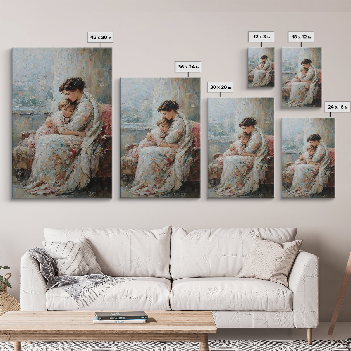 Mother And Child Resting On Floral Sofa Framed Canvas Print, Impressionist Wall Art For Living Room Decor And Gift For Mom