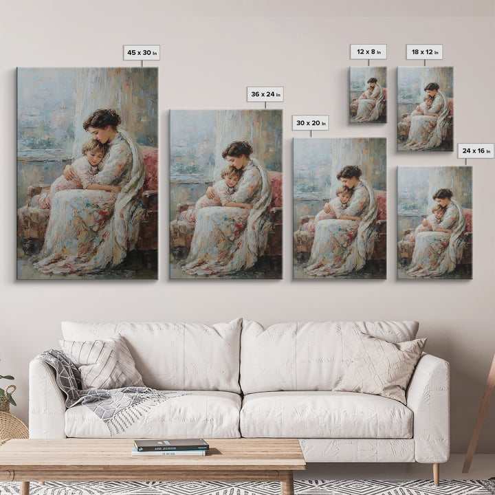 Mother And Child Resting On Floral Sofa Framed Canvas Print, Impressionist Wall Art For Living Room Decor And Gift For Mom