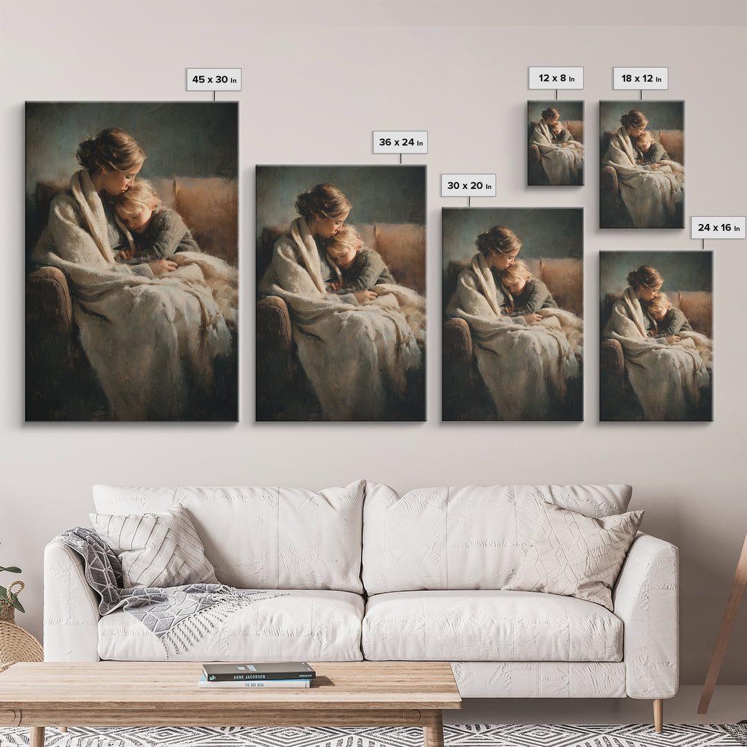 Moody Mother And Child Wrapped In Blanket Wall Art, Warm Impressionist Canvas Print For Bedroom Decor, Nursery, And Gift For Mom