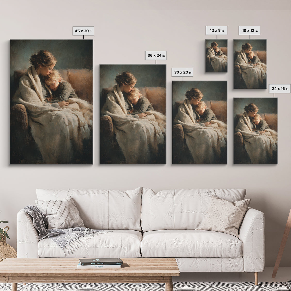 Moody Mother And Child Wrapped In Blanket Wall Art, Warm Impressionist Canvas Print For Bedroom Decor, Nursery, And Gift For Mom