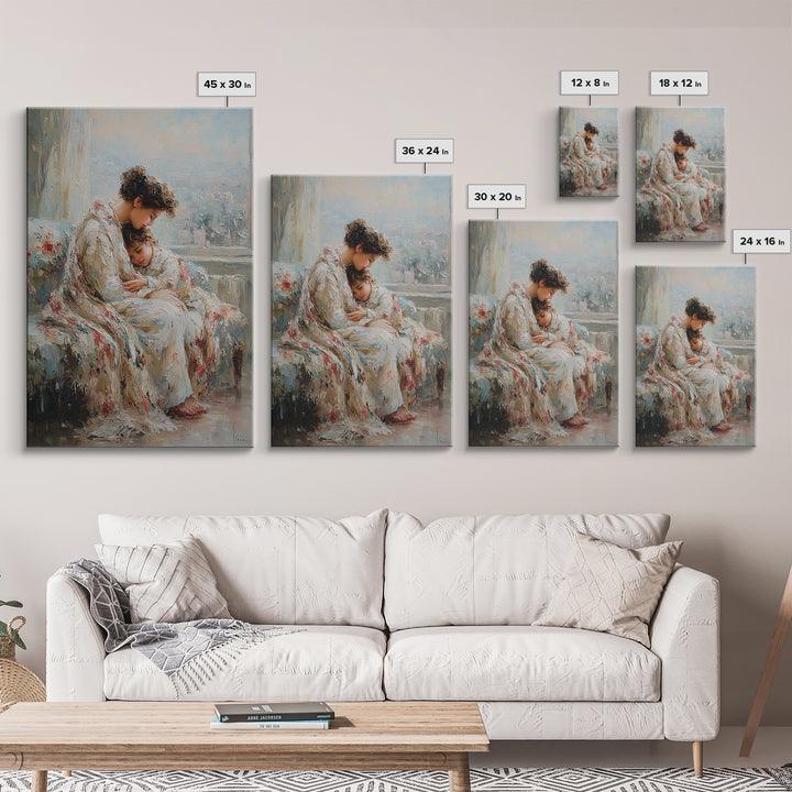Mother And Child Cuddling By City Window Canvas Print, Soft Impressionist Wall Art For Bedroom Decor, Nursery, And Gift For Her