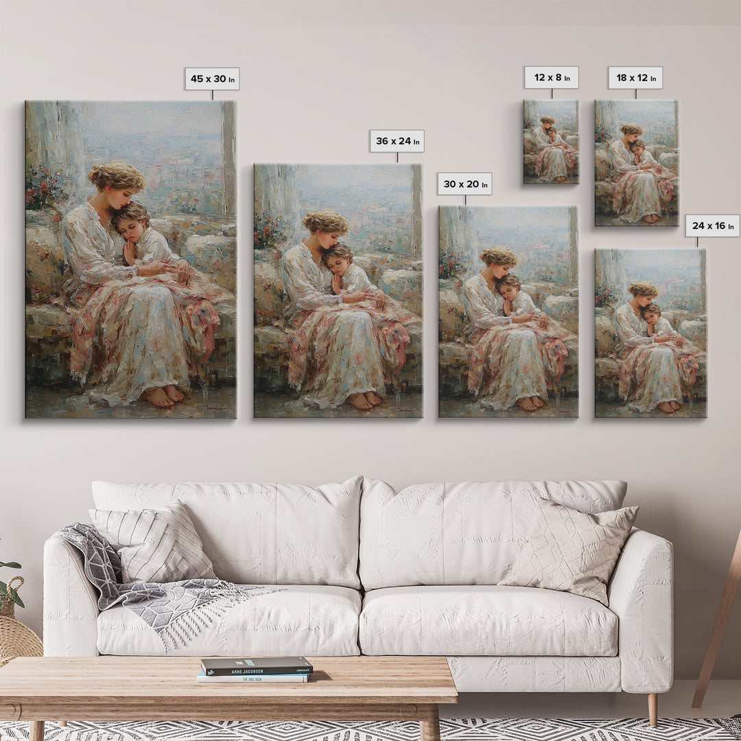 Mother And Child By Bright Window Wall Art, Textured Impressionist Canvas Print For Living Room Decor, Nursery, And Gift For Mom