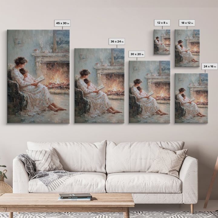 Mother And Child Reading Beside Elegant Fireplace Canvas Print, Impressionist Wall Art, Cozy Bedroom Decor, Gift For Mom