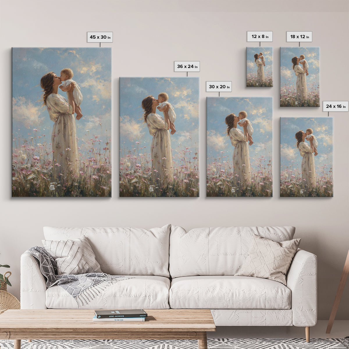 Mother Kissing Baby In Wildflower Meadow Wall Art, Impressionist Oil Painting, Feminine Nursery Decor, Gift For Mom Print