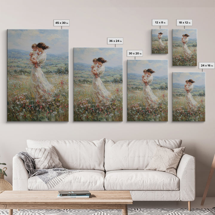 Mother Holding Baby In Windy Wildflower Valley Wall Art, Impressionist Landscape Painting, Feminine Nursery Decor, Gift For Mom