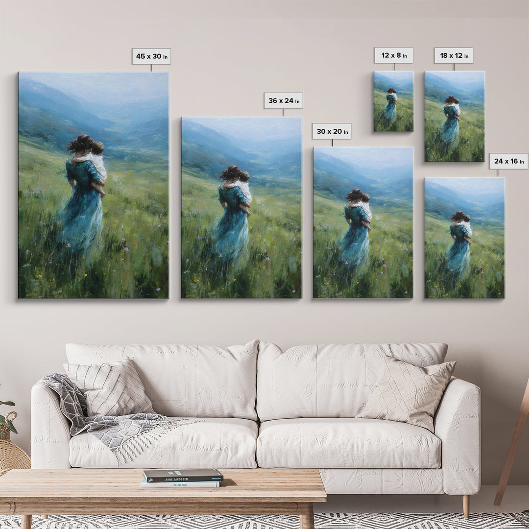 Mother And Child Embracing In Blue Mountain Meadow Canvas Print, Calming Landscape Wall Art, Nature Decor, Gift For Mom Print