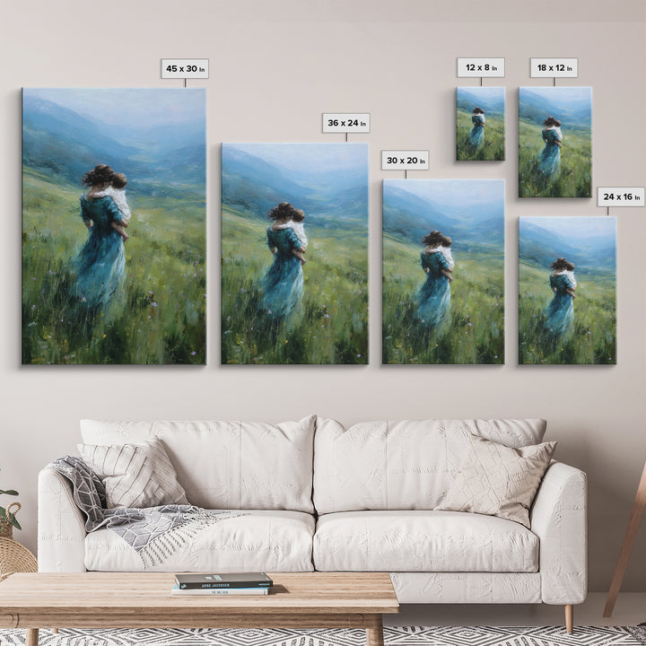 Mother And Child Embracing In Blue Mountain Meadow Canvas Print, Calming Landscape Wall Art, Nature Decor, Gift For Mom Print