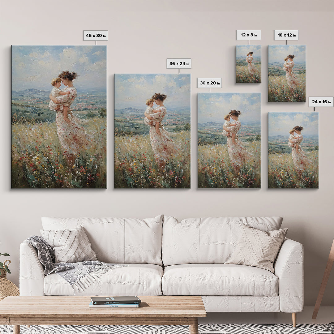 Mother And Toddler In Flower Meadow Wall Art, Impressionist Landscape Painting, Feminine Nursery Decor, Gift For Mom Art Print
