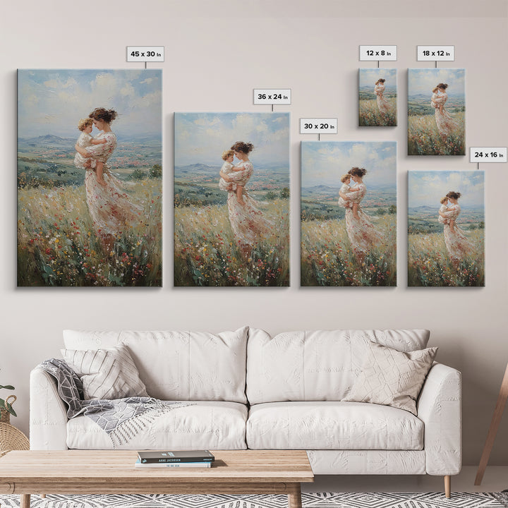 Mother And Toddler In Flower Meadow Wall Art, Impressionist Landscape Painting, Feminine Nursery Decor, Gift For Mom Art Print