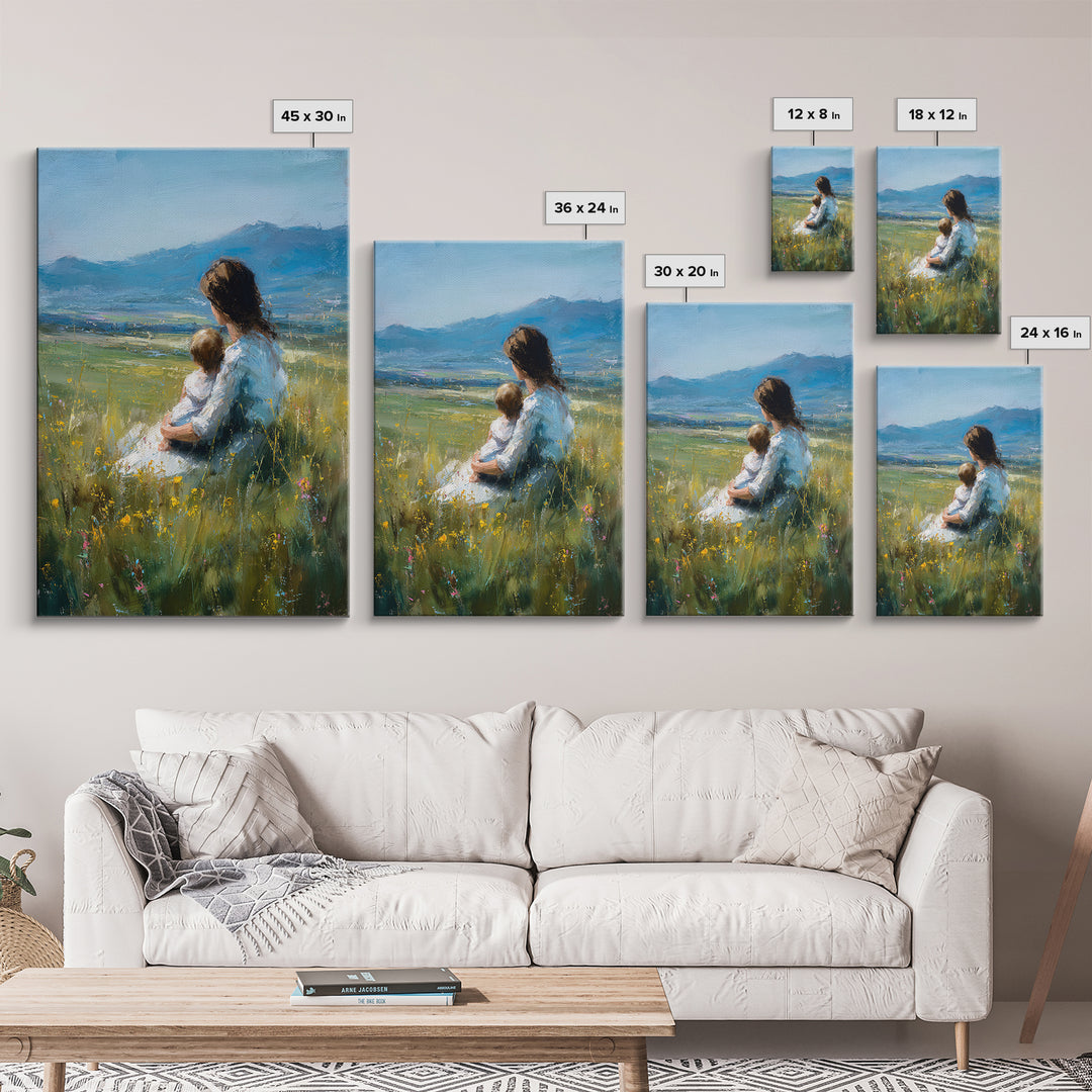 Mother And Child In Wildflower Meadow Canvas Print, Blue Mountain Landscape Wall Art, Nursery Decor, Mothers Day Gift, Home Decor