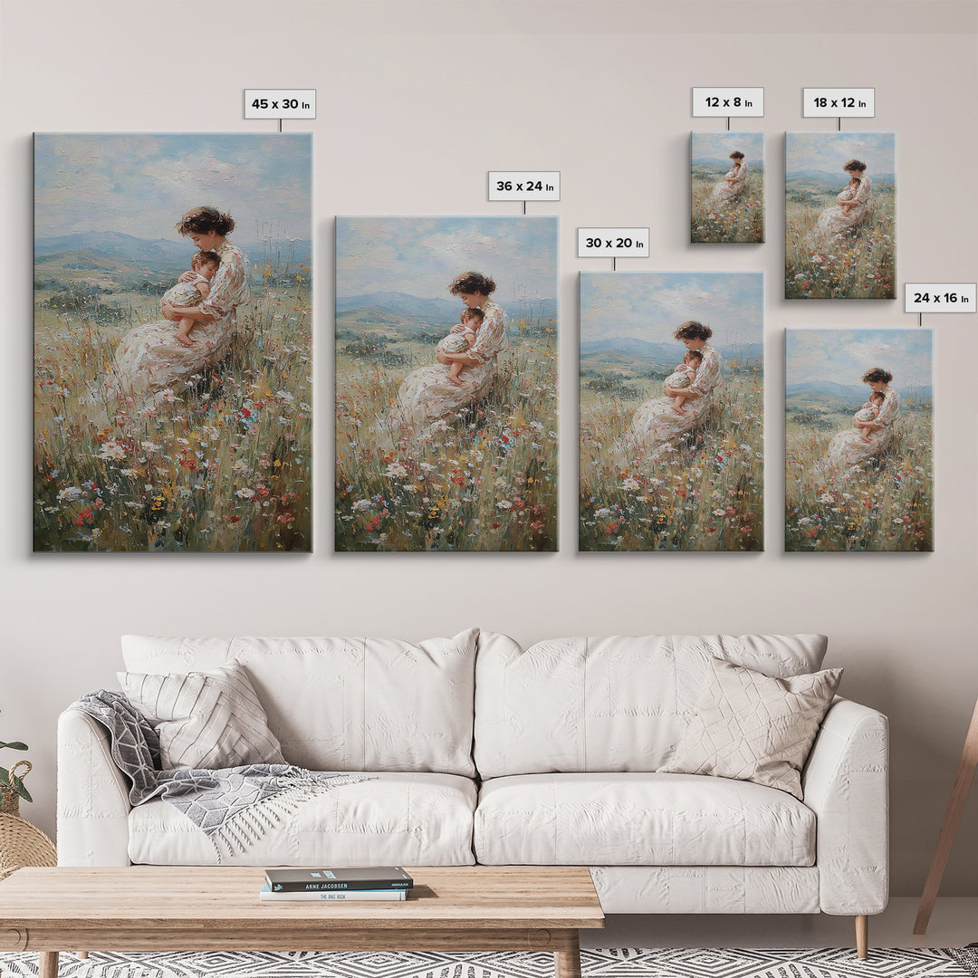 Nursing Mother And Baby In Floral Meadow Framed Canvas Print, Impressionist Landscape Wall Art, Nursery Decor, Gift For Her