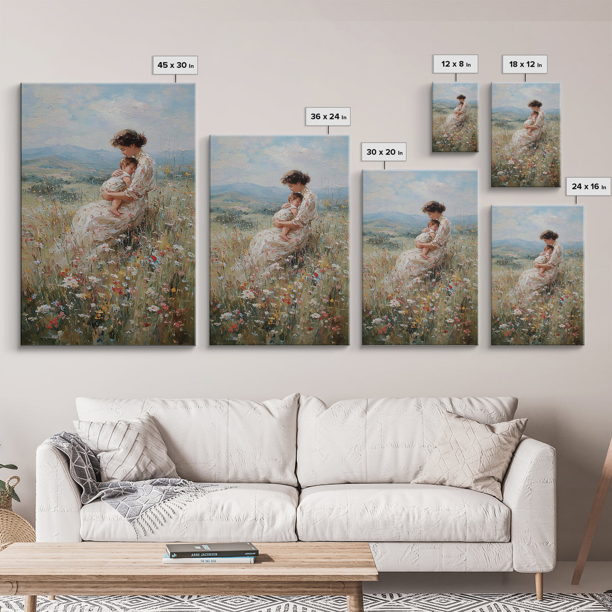 Nursing Mother And Baby In Floral Meadow Framed Canvas Print, Impressionist Landscape Wall Art, Nursery Decor, Gift For Her