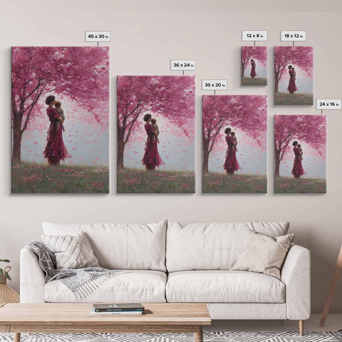 Mother And Toddler Under Pink Cherry Blossoms Wall Art, Romantic Floral Canvas Print, Feminine Decor, Mothers Day Gift, Nursery Decor