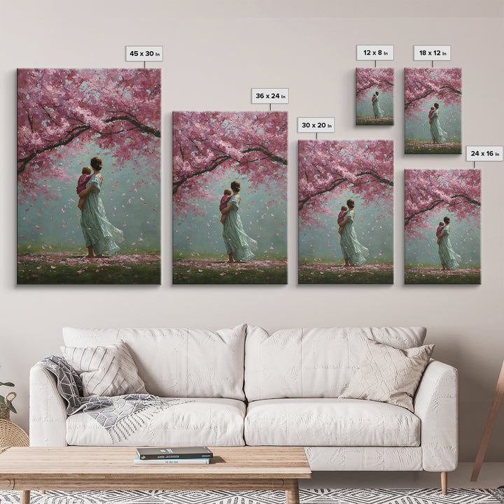 Mother And Child Beneath Cherry Blossom Canopy Canvas Print, Pink Floral Wall Art, Romantic Nursery Decor, Gift For Her, Home Decor