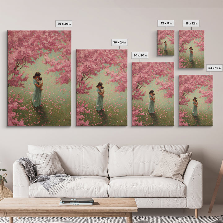 Mother Embracing Baby In Pink Blossom Garden Framed Canvas Print, Floral Wall Art, Feminine Nursery Decor, Mothers Day Gift