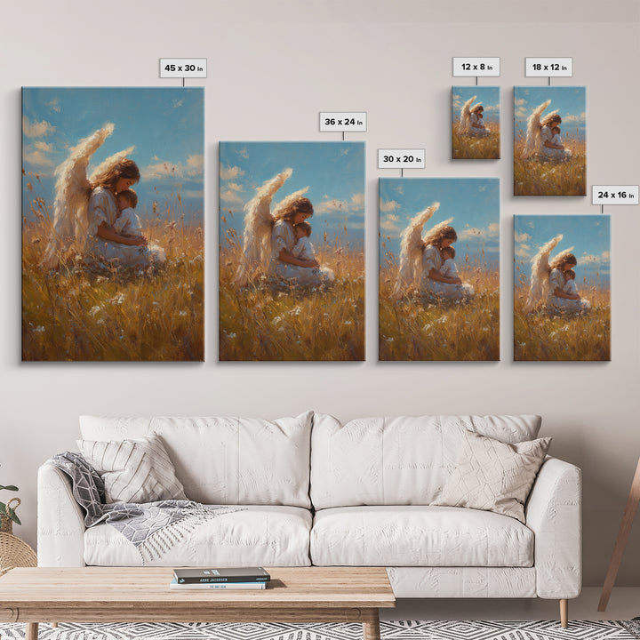 Guardian Angel Mother Holding Baby In Golden Wheat Field Canvas Print, Christian Wall Art, Nursery Decor, Mothers Day Gift