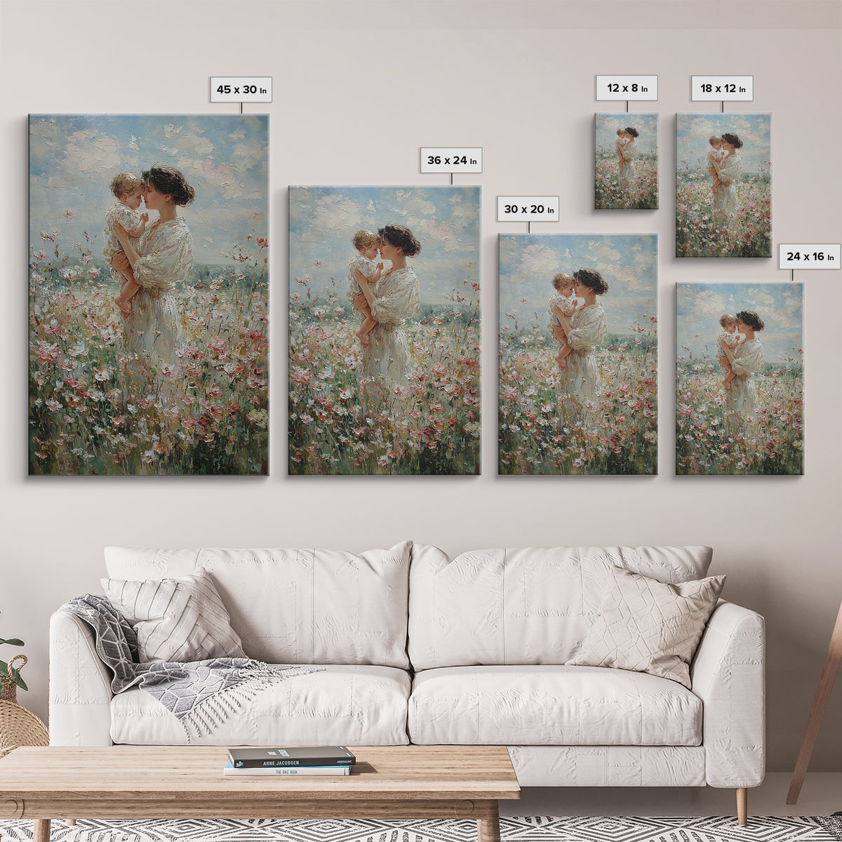 Mother And Baby Among White Wildflowers Framed Canvas Print, Impressionist Floral Wall Art, Nursery Decor, Gift For Her, Mothers Day Gift