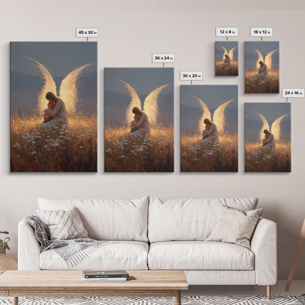 Glowing Guardian Angel With Baby In Twilight Meadow Canvas Print, Christian Wall Art, Spiritual Decor, Nursery Decor, Gift For Her