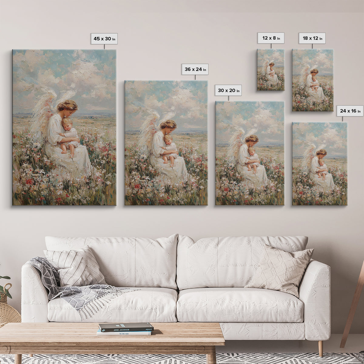 Angel Mother Holding Sleeping Child In Wildflower Meadow Framed Canvas Print, Christian Wall Art, Nursery Decor, Gift For Her