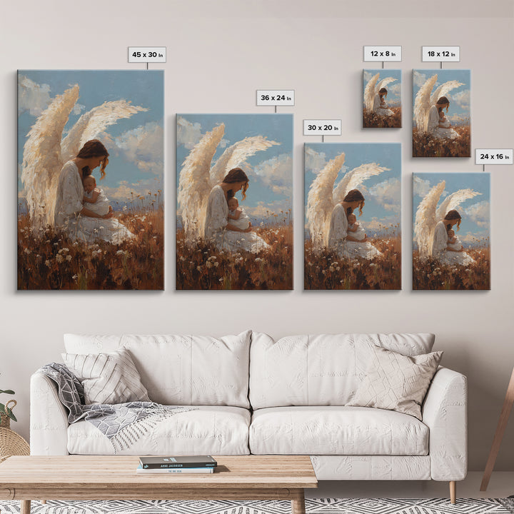 Guardian Angel Mother Cradling Baby In Golden Meadow Canvas Print, Christian Wall Art, Nursery Decor, Mothers Day Gift, Home Decor