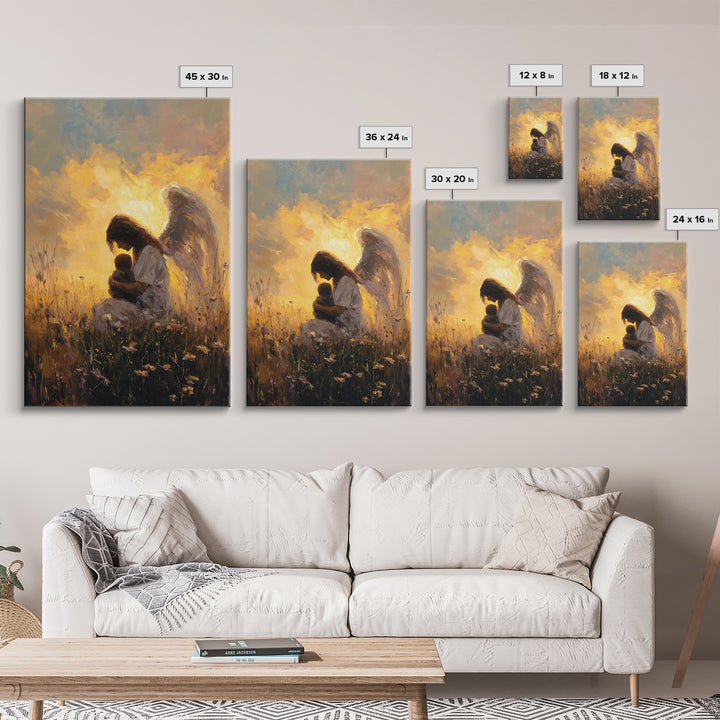 Golden Guardian Angel With Child Wall Art, Christian Nursery Decor, Spiritual Canvas, Angel Painting, Gift For Mom, Living Room Decor