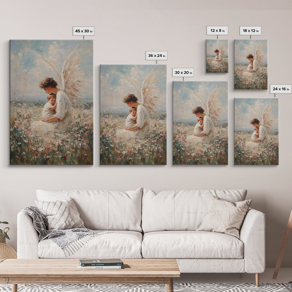 Serene Angel Holding Child Canvas Print, Christian Wall Art, Nursery Wall Decor, Spiritual Gift, Fine Art Print, Home Decor