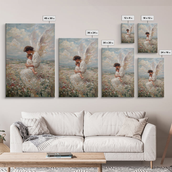 White Winged Angel And Child Framed Canvas Print, Christian Nursery Art, Guardian Angel Wall Decor, Religious Gift For Baby