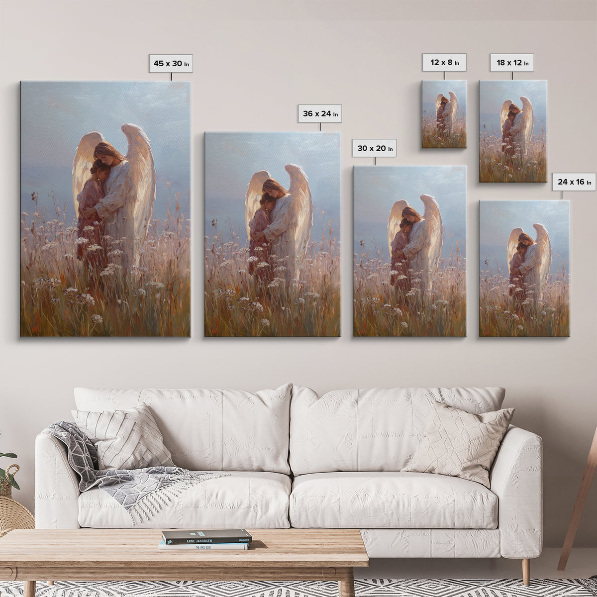 Sunlit Angel Embracing Child Wall Art, Christian Nursery Decor, Guardian Angel Canvas, Spiritual Home Decor, Gift For Her