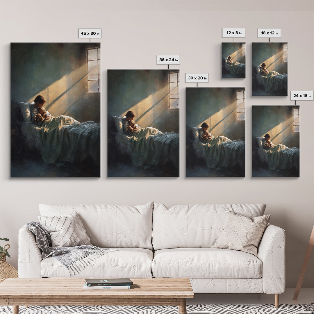 Sunlit Child With Teddy In Bed Wall Art, Bedroom Decor, Nursery Art Print, Sweet Dreams Poster, Cozy Guest Room Decor Gift
