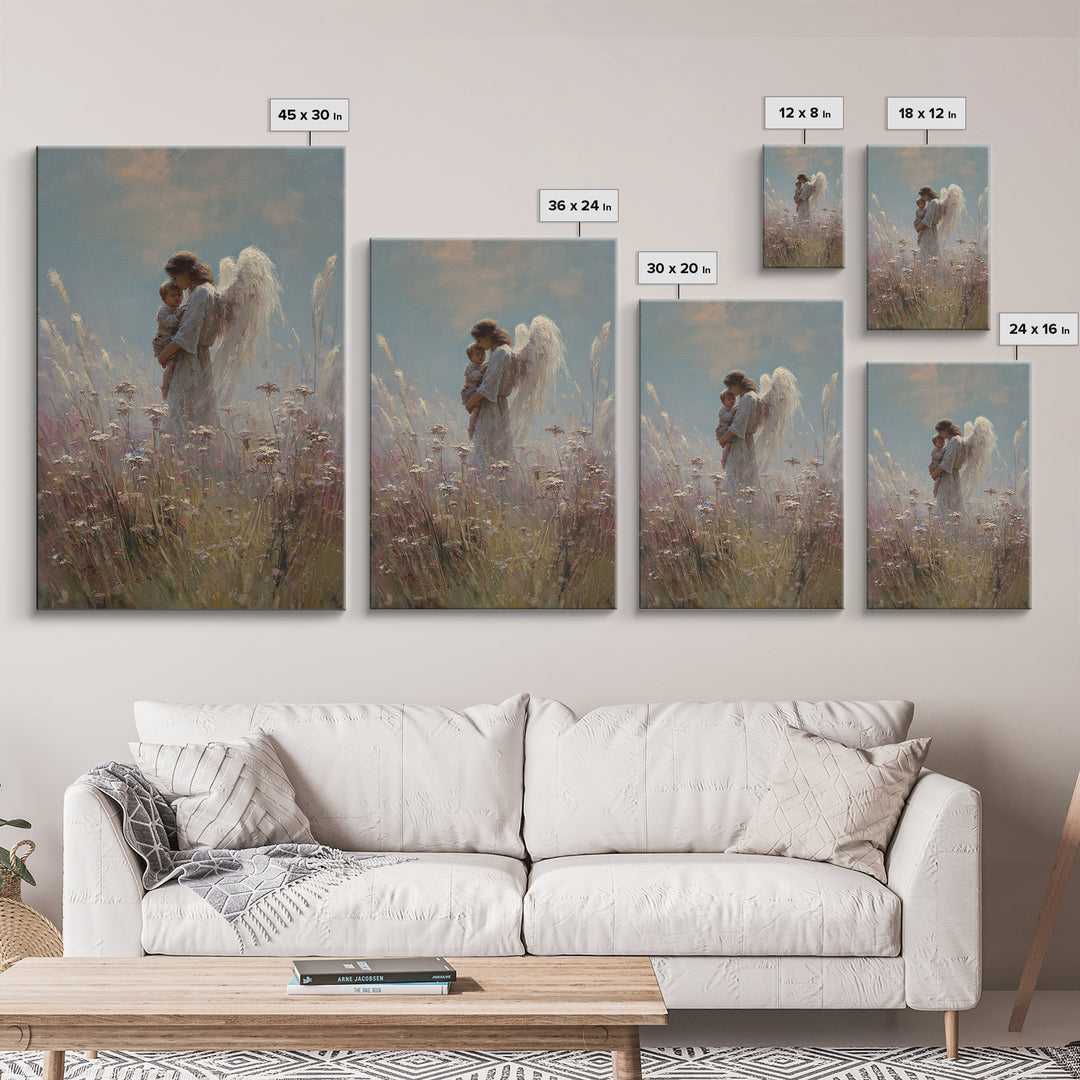 Soft Meadow Angel Holding Baby Canvas Print, Christian Wall Art, Nursery Decor, Guardian Angel Gift, Calming Wall Decor Print