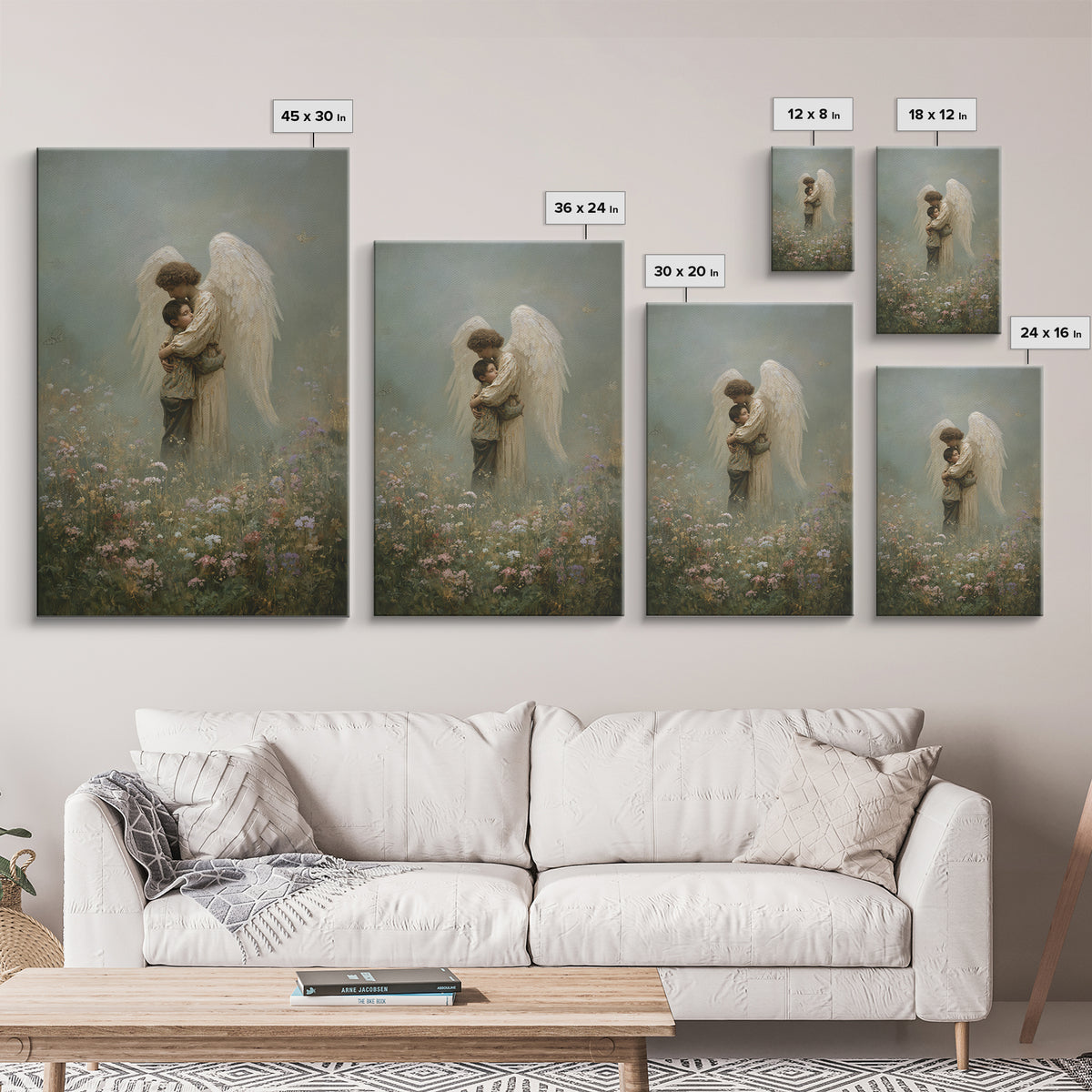 Misty Guardian Angel Hugging Child Framed Canvas Print, Christian Wall Art, Spiritual Nursery Decor, Butterfly Meadow Art