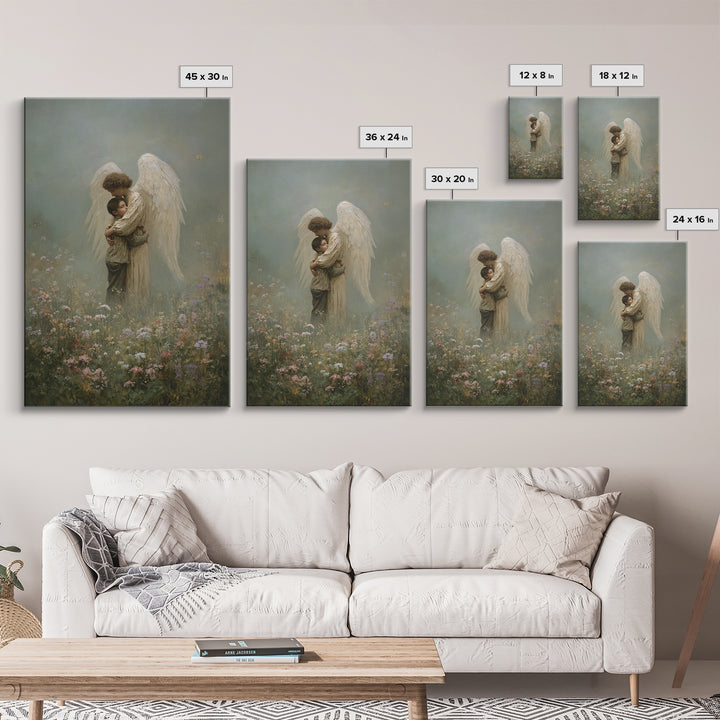 Misty Guardian Angel Hugging Child Framed Canvas Print, Christian Wall Art, Spiritual Nursery Decor, Butterfly Meadow Art
