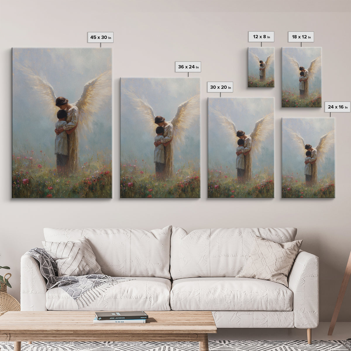 Guardian Angel Embracing Child In Wildflower Meadow Wall Art, Christian Nursery Decor, Spiritual Canvas Print Gift For Her