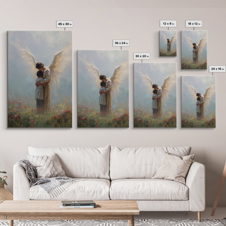 Guardian Angel Embracing Child In Wildflower Meadow Wall Art, Christian Nursery Decor, Spiritual Canvas Print Gift For Her
