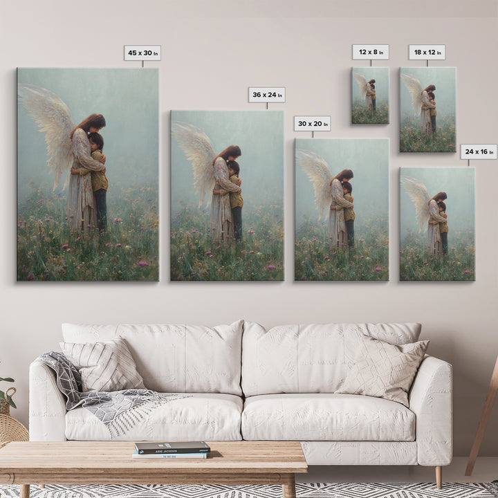 Guardian Angel Hugging Child In Misty Meadow Wall Art, Spiritual Christian Decor, Nursery Canvas Print, Housewarming Gift