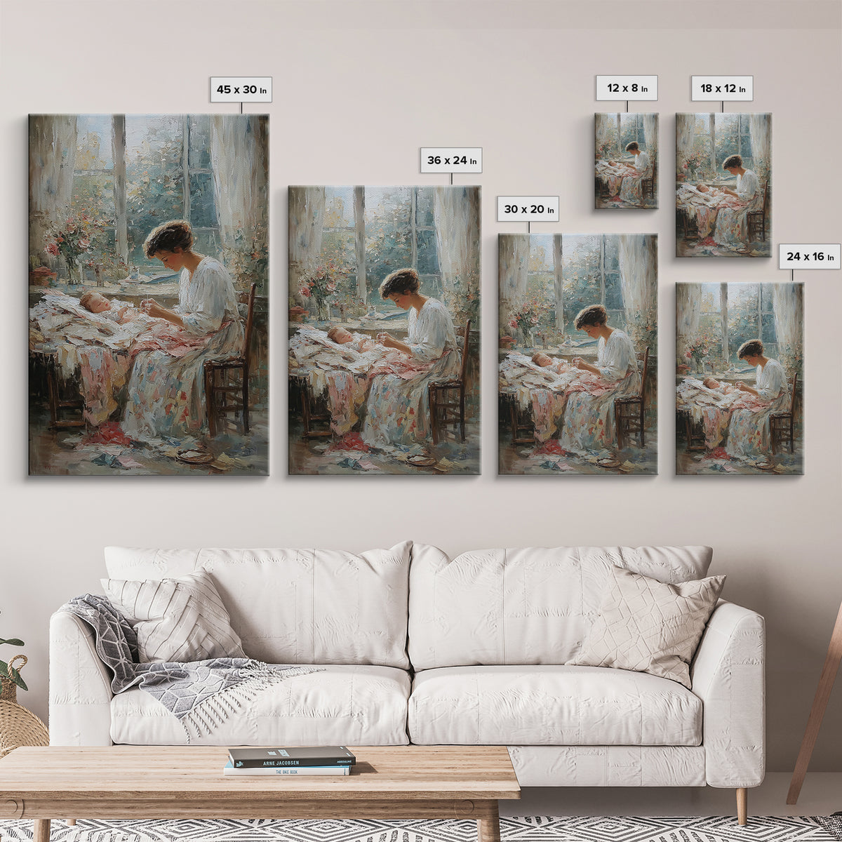 Mother Stitching By Baby Cradle, Bright Window Wall Art, Impressionist Oil Painting Print, Nursery Decor, Gift For Mom, Home Decor